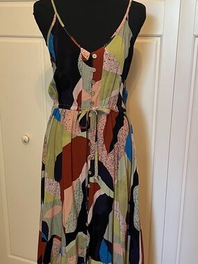 Abstract Print Spaghetti-Strap Midi Dress in Multicolor Sz M